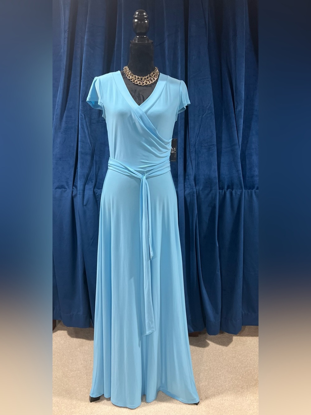 New York & Company Sky Blue Wrap Maxi Dress with Tie Waist